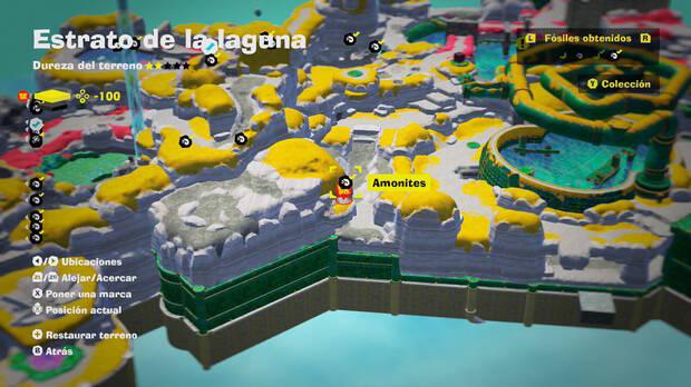 Donkey Kong Bananza - Localización en el mapa del fósil amonites 23 en Estrato de la laguna