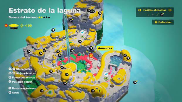 Donkey Kong Bananza - Localización en el mapa del fósil amonites 24 en Estrato de la laguna