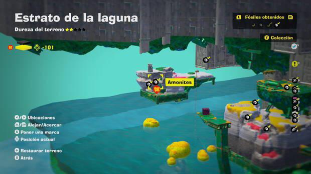 Donkey Kong Bananza - Localización en el mapa del fósil amonites 50 y 51 en Estrato de la laguna