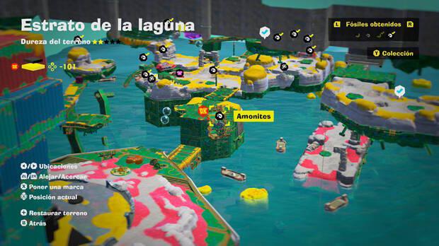 Donkey Kong Bananza - Localización en el mapa del fósil amonites 47 en Estrato de la laguna