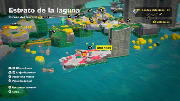 Donkey Kong Bananza - Localización en el mapa del fósil amonites 48 en Estrato de la laguna
