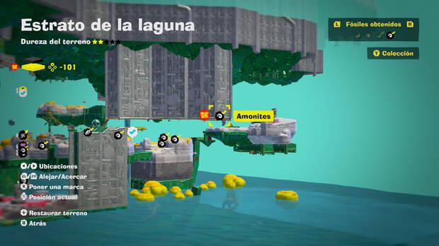 Donkey Kong Bananza - Localización en el mapa del fósil amonites 49 en Estrato de la laguna