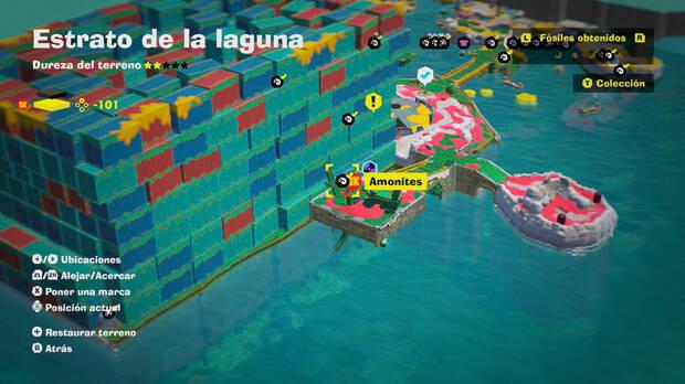 Donkey Kong Bananza - Localización en el mapa del fósil amonites 56 en Estrato de la laguna