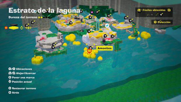 Donkey Kong Bananza - Localización en el mapa del fósil amonites 57 en Estrato de la laguna