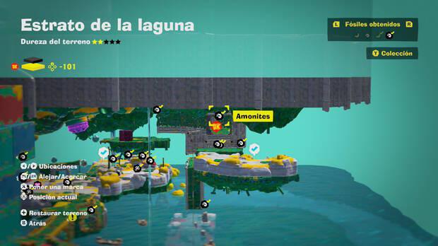 Donkey Kong Bananza - Localización en el mapa del fósil amonites 53 en Estrato de la laguna