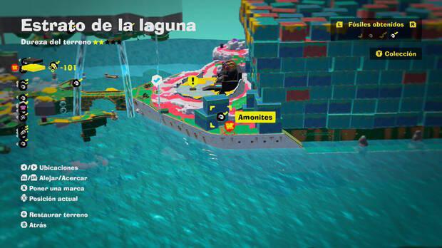 Donkey Kong Bananza - Localización en el mapa del fósil amonites 54 en Estrato de la laguna