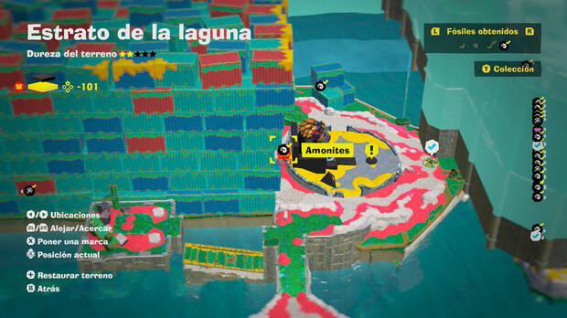 Donkey Kong Bananza - Localización en el mapa del fósil amonites 55 en Estrato de la laguna