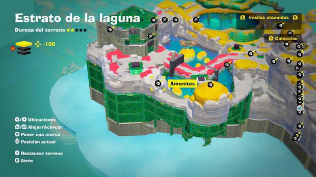 Donkey Kong Bananza - Localización en el mapa del fósil amonites 36 en Estrato de la laguna