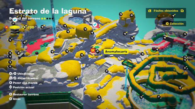 Donkey Kong Bananza - Localización en el mapa del fósil anomalocaris 05 en Estrato de la laguna