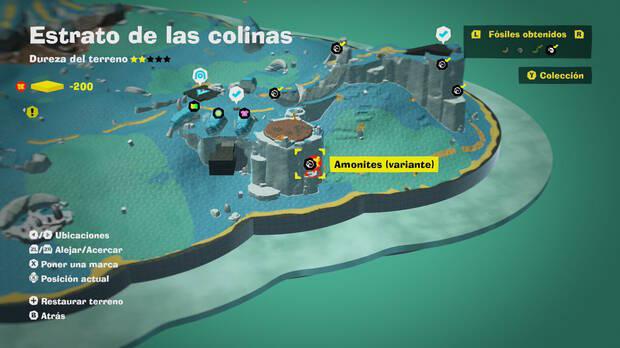 Donkey Kong Bananza - Localización en el mapa del fósil amonites variante 07 en Estrato de las colinas