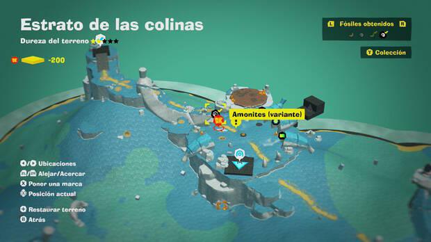 Donkey Kong Bananza - Localización en el mapa del fósil amonites variante 01 en Estrato de las colinas