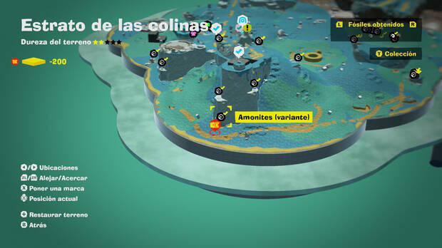 Donkey Kong Bananza - Localización en el mapa del fósil amonites variante 06 en Estrato de las colinas
