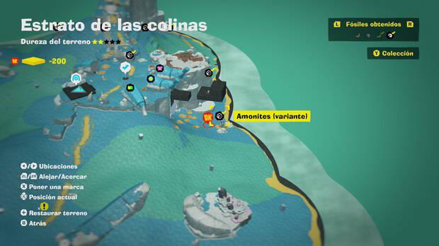 Donkey Kong Bananza - Localización en el mapa del fósil amonites variante 08 en Estrato de las colinas