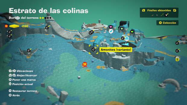 Donkey Kong Bananza - Localización en el mapa del fósil amonites variante 10 en Estrato de las colinas