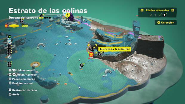 Donkey Kong Bananza - Localización en el mapa del fósil amonites variante 17 en Estrato de las colinas