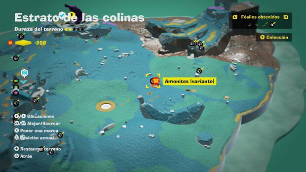 Donkey Kong Bananza - Localización en el mapa del fósil amonites variante 18 en Estrato de las colinas