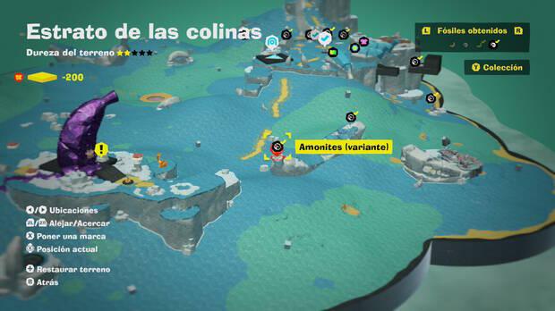 Donkey Kong Bananza - Localización en el mapa del fósil amonites variante 12 en Estrato de las colinas