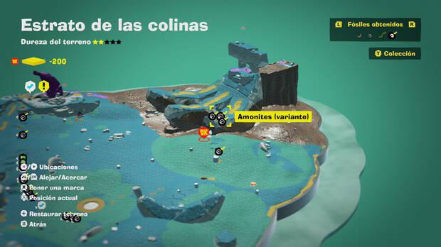 Donkey Kong Bananza - Localización en el mapa del fósil amonites variante 14, 15 y 16 en Estrato de las colinas