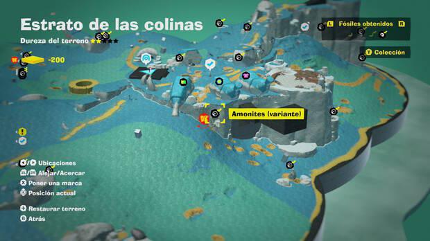 Donkey Kong Bananza - Localización en el mapa del fósil amonites variante 09 en Estrato de las colinas