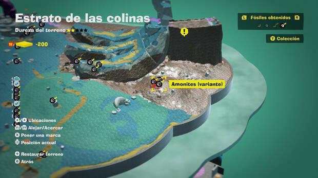 Donkey Kong Bananza - Localización en el mapa del fósil amonites variante 25, 26 y 27 en Estrato de las colinas