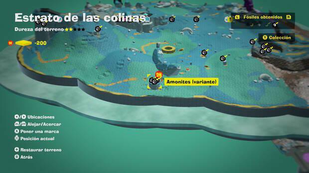 Donkey Kong Bananza - Localización en el mapa del fósil amonites variante 19, 20 y 21 en Estrato de las colinas