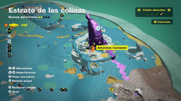Donkey Kong Bananza - Localización en el mapa del fósil amonites variante 22 en Estrato de las colinas