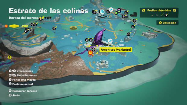 Donkey Kong Bananza - Localización en el mapa del fósil amonites variante 24 en Estrato de las colinas