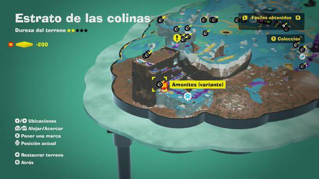 Donkey Kong Bananza - Localización en el mapa del fósil amonites variante 28 en Estrato de las colinas