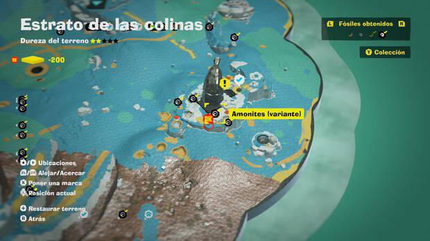 Donkey Kong Bananza - Localización en el mapa del fósil amonites variante 29 en Estrato de las colinas