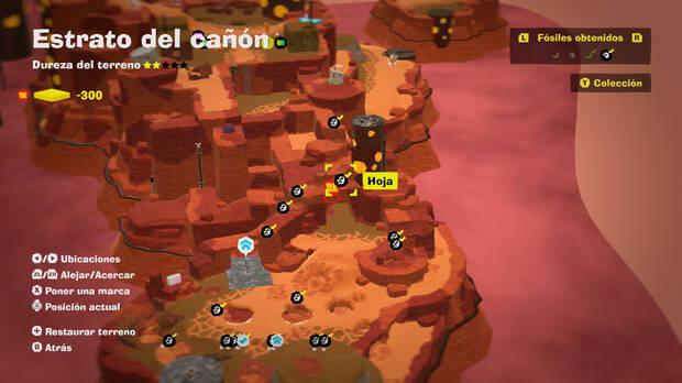 Donkey Kong Bananza - Localización en el mapa del fósil Hoja 16 en Estrato del cañón