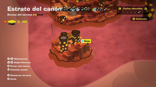 Donkey Kong Bananza - Localización en el mapa del fósil Hoja 32 en Estrato del cañón