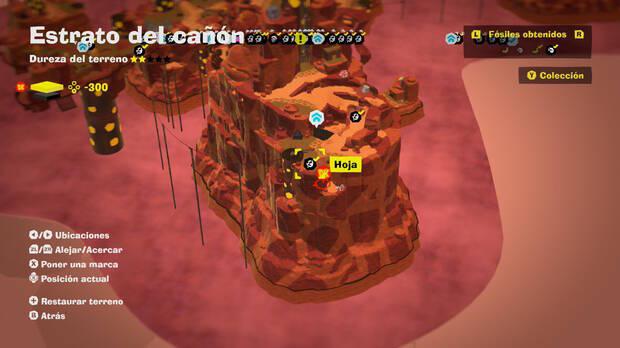 Donkey Kong Bananza - Localización en el mapa del fósil Hoja 34 en Estrato del cañón
