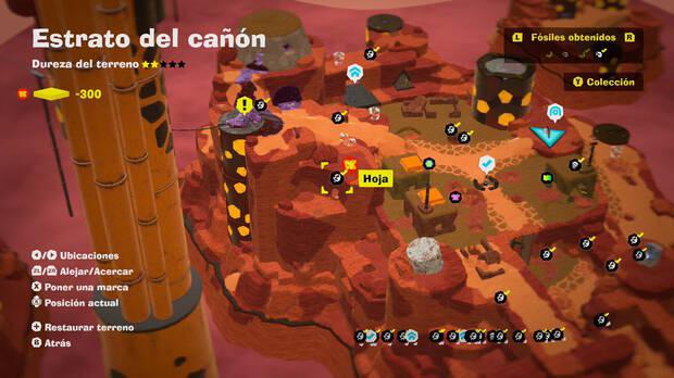 Donkey Kong Bananza - Localización en el mapa del fósil Hoja 29 en Estrato del cañón