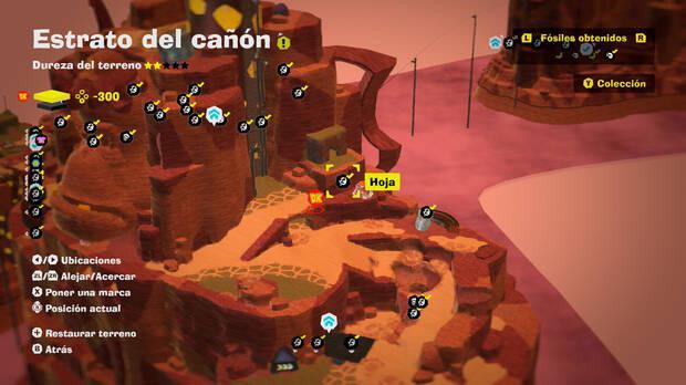 Donkey Kong Bananza - Localización en el mapa del fósil Hoja 40 en Estrato del cañón