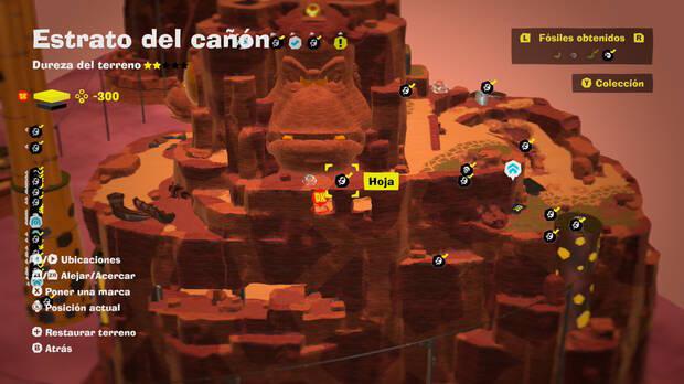 Donkey Kong Bananza - Localización en el mapa del fósil Hoja 41 en Estrato del cañón
