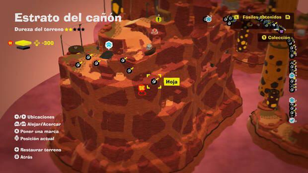 Donkey Kong Bananza - Localización en el mapa del fósil Hoja 38 en Estrato del cañón
