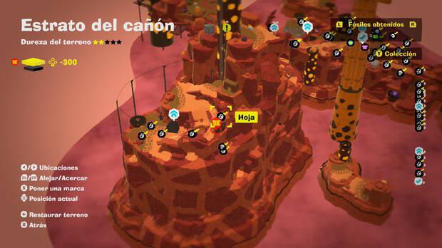 Donkey Kong Bananza - Localización en el mapa del fósil Hoja 39 en Estrato del cañón