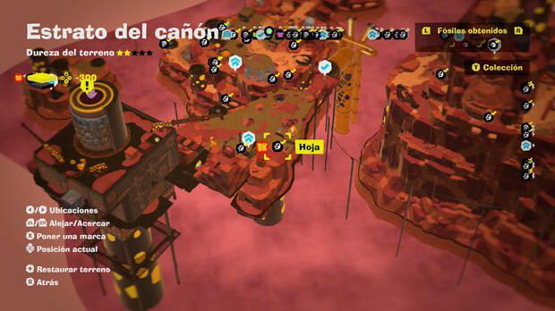 Donkey Kong Bananza - Localización en el mapa del fósil Hoja 47 en Estrato del cañón