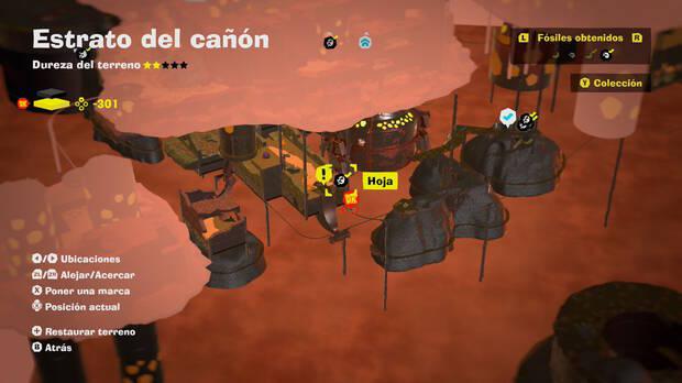 Donkey Kong Bananza - Localización en el mapa del fósil Hoja 56 en Estrato del cañón