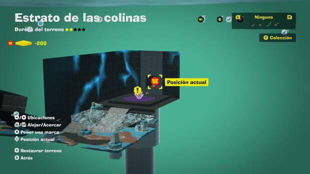 Donkey Kong Bananza - Ubicación en el mapa del Estrato de las colinas de la entrada al nivel extra A aplastar por el oro