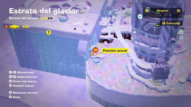 Donkey Kong Bananza - Ubicación en el mapa del Estrato del glaciar de la entrada al nivel extra A bombazos por el oro