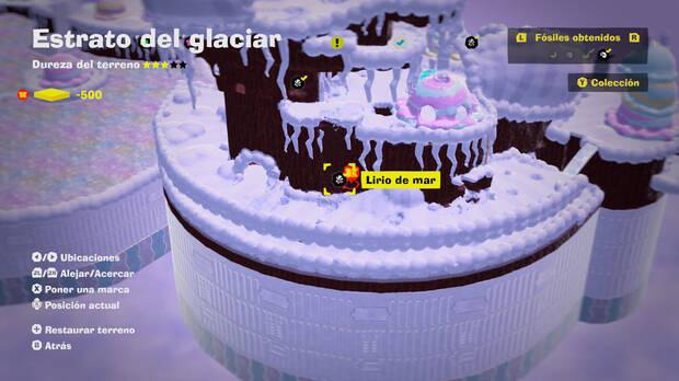 Donkey Kong Bananza - Localización en el mapa del fósil Lirio de mar 03 en Estrato del glaciar