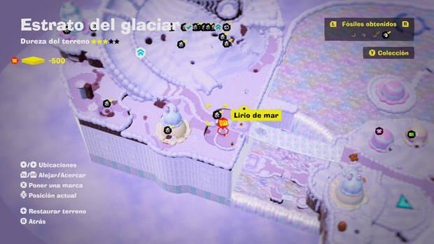 Donkey Kong Bananza - Localización en el mapa del fósil Lirio de mar 15 en Estrato del glaciar