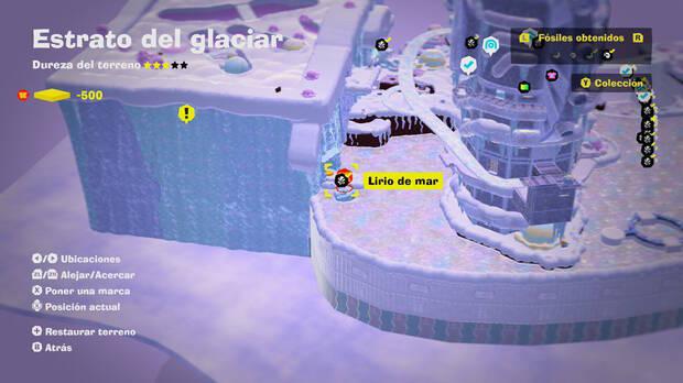Donkey Kong Bananza - Localización en el mapa del fósil Lirio de mar 21 en Estrato del glaciar