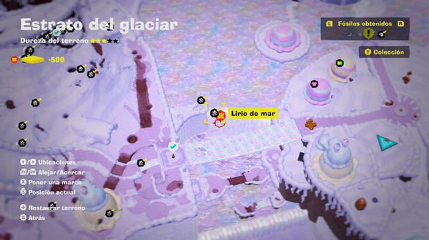 Donkey Kong Bananza - Localización en el mapa del fósil Lirio de mar 17 en Estrato del glaciar