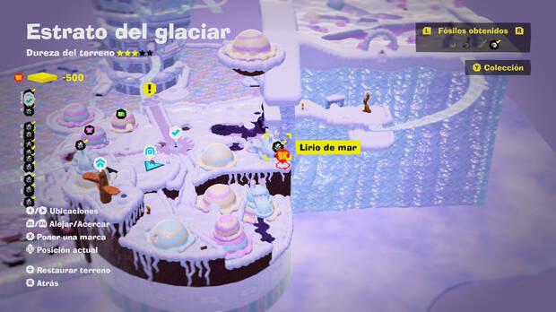 Donkey Kong Bananza - Localización en el mapa del fósil Lirio de mar 19 en Estrato del glaciar