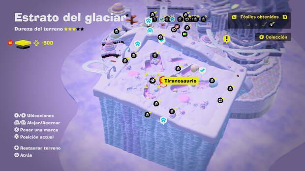 Donkey Kong Bananza - Localización en el mapa del fósil tiranosaurio en Estrato del glaciar