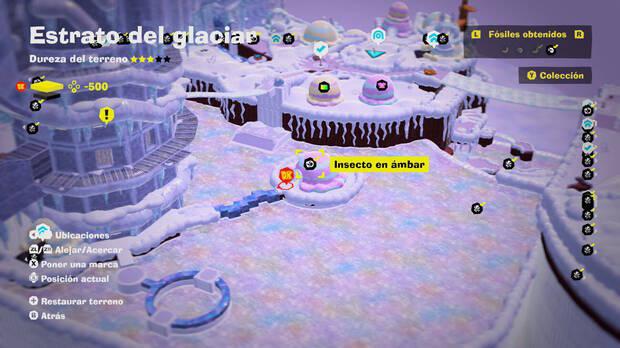 Donkey Kong Bananza - Localización en el mapa del fósil insecto en ámbar 05 en Estrato del glaciar