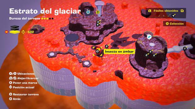 Donkey Kong Bananza - Localización en el mapa del fósil insecto en ámbar 10 en Estrato del glaciar