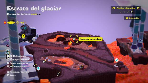 Donkey Kong Bananza - Localización en el mapa del fósil insecto en ámbar 08 en Estrato del glaciar
